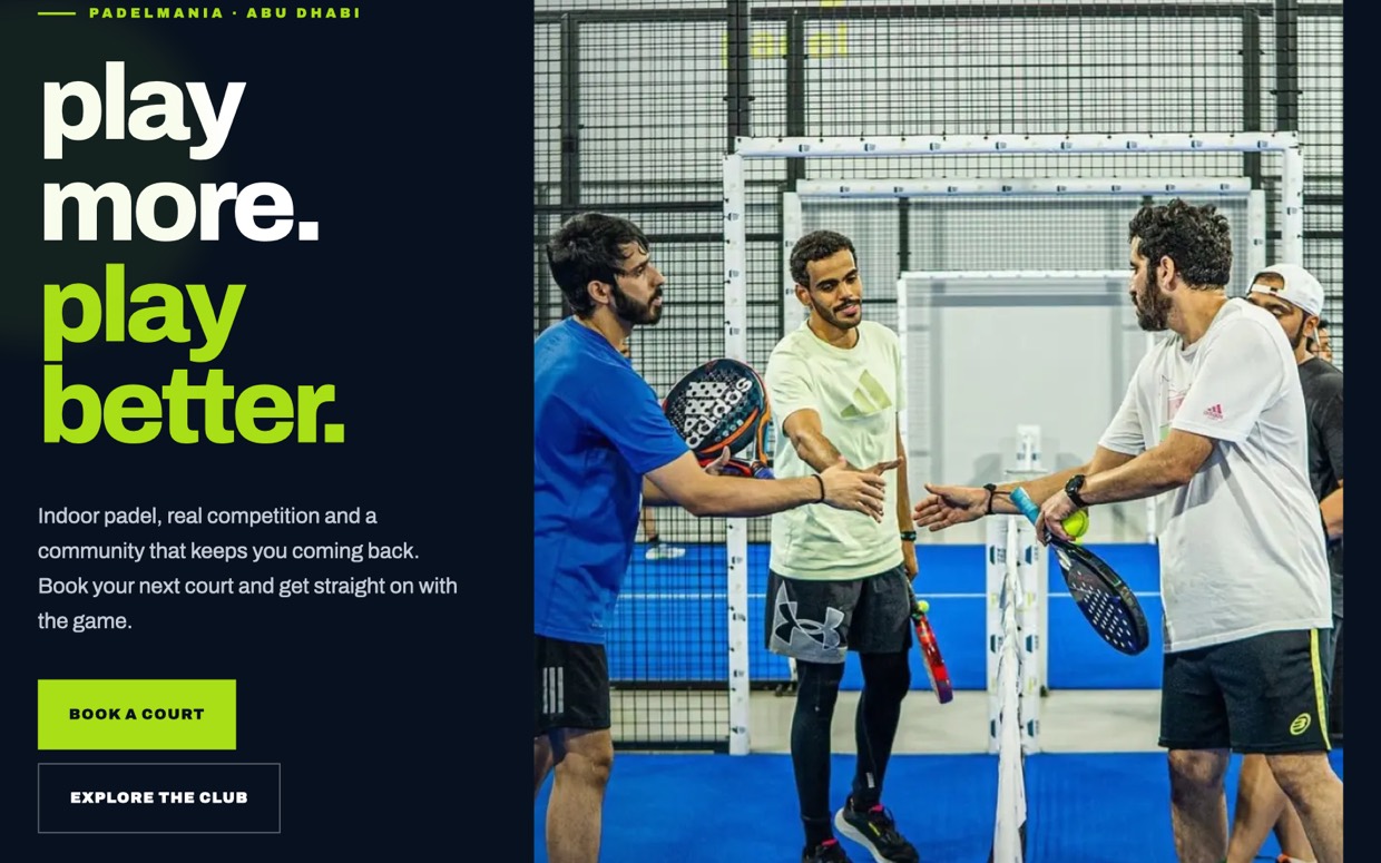 The Padelmania concept homepage: play more, play better, with a book a court button over a photo of players at the net